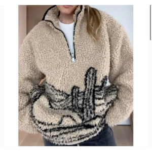 Zara Viral Cactus Pullover Sherpa Jacket Tan Dessert Medium Oversized Unisex
